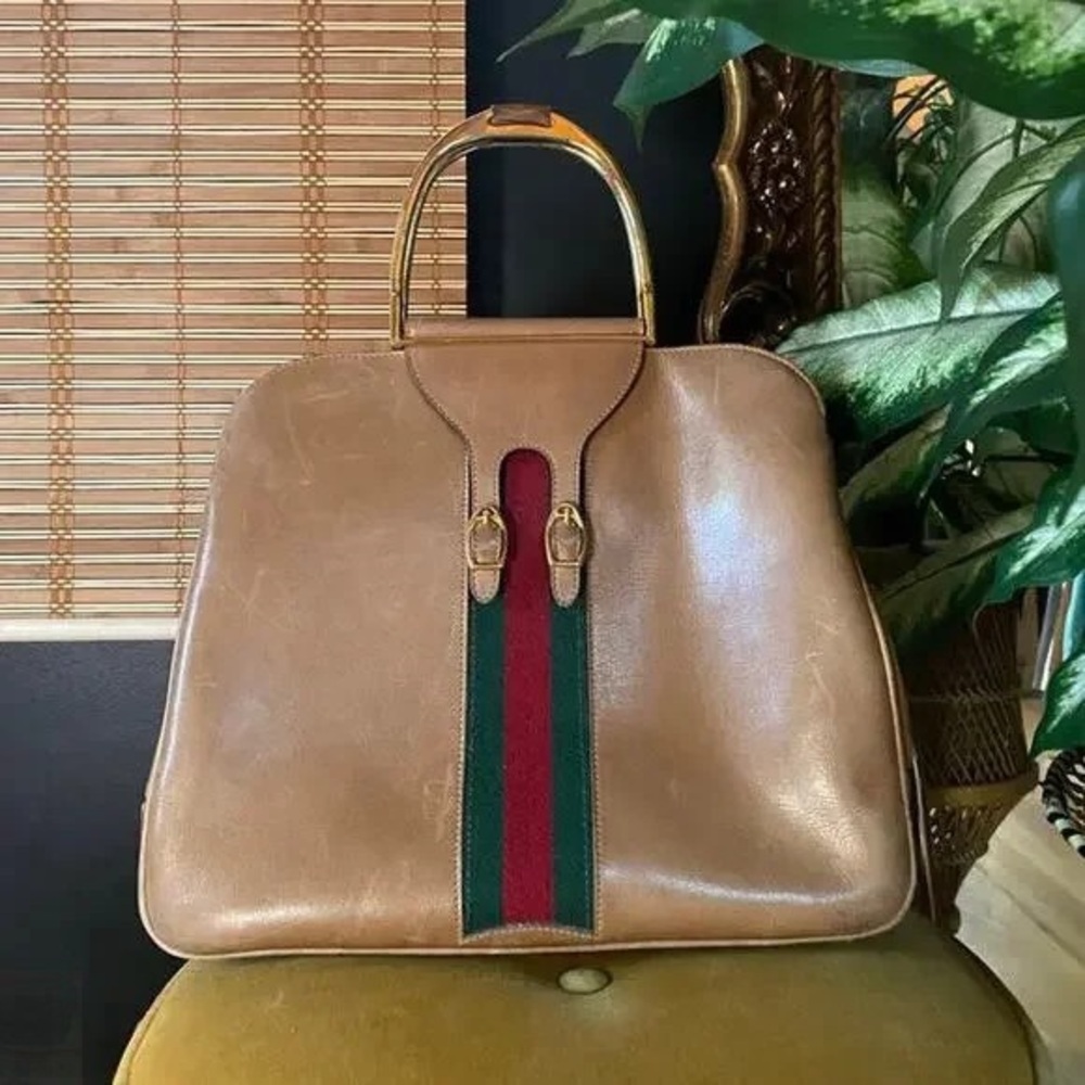 Elegant Tan Handbag with Gold Handles
